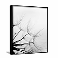 Black and White Dandelion Plant Painting Framed in Black Frame Against Grey Wall