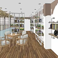 Cozy Café Interior With Wooden Ceiling Bookshelves Green Plants And Glass Railing