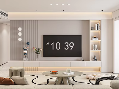 Modern Living Room Interior With Large TV Wall Shelves Sofa Coffee Table And Decor 3d model