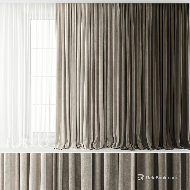 Elegant Beige Velvet Curtains With White Sheer Panels By Window Natural Light 3d model 