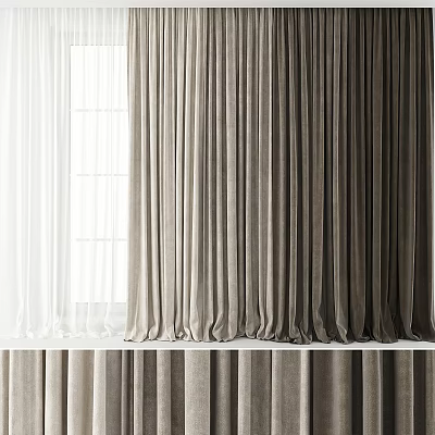 Elegant Beige Velvet Curtains With White Sheer Panels By Window Natural Light 3d model