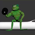 3D Cartoon Muscular Green Frog Lifting Dumbbell Sitting On White Roll With Gray Background