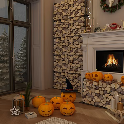 Warm Decorative Lights in Cozy Fireplace Setting with Burning Fire Pumpkin Lanterns and Wood Logs 3d model