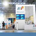 Marpacel Modern Exhibition Booth With White Design Interactive Displays Multiple Screens And People Around