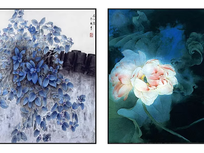 Botanical Paintings Featuring Blue Leaves and Pink White Lotus Flower in Traditional Style 3d model