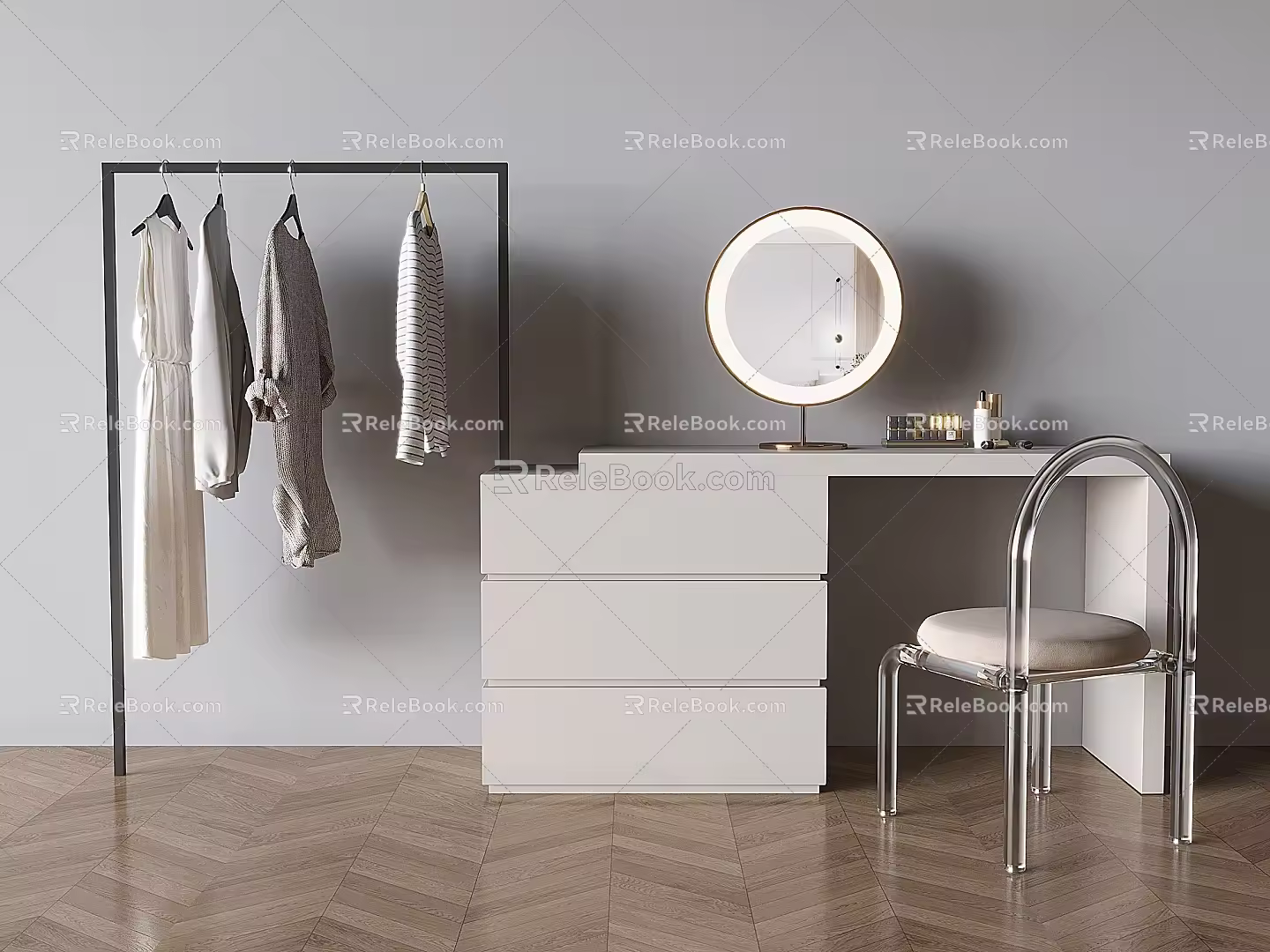 Nordic Style Cream Style Dressing Table Dressing Table Bucket Cabinet Integrated Cabinet Dressing Table Makeup Stool Dressing Mirror Solid Wood Storage Cabinet Hanger 3d model