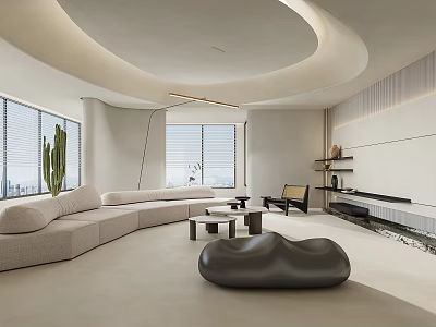 Modern Living Room Interior With Curved Ceiling Beige Sofa Black Sculptural Stool And Large Windows 3d model