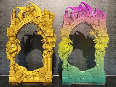 Decorative 3D Printed Picture Frame With Dragon Castle And Intricate Gradient Golden Designs 3d model