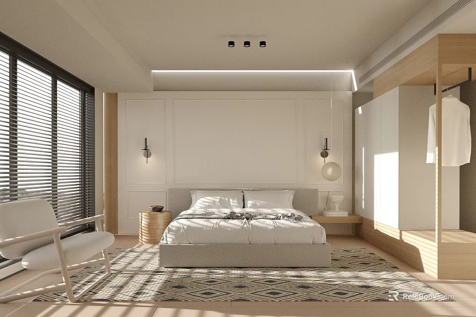 Modern Bedroom Interior Design with Large Bed Area Rug Accent Chair and Wall Sconces 3d model 