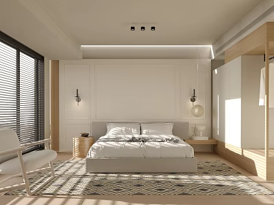 Modern Bedroom Interior Design with Large Bed Area Rug Accent Chair and Wall Sconces 3d model