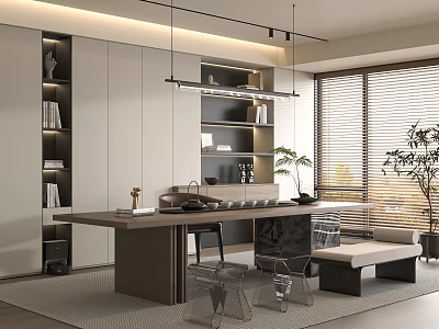 Modern Minimalist Tea Room Interior With Long Table Transparent Chairs Bookshelves Plants And Window Blinds 3d model