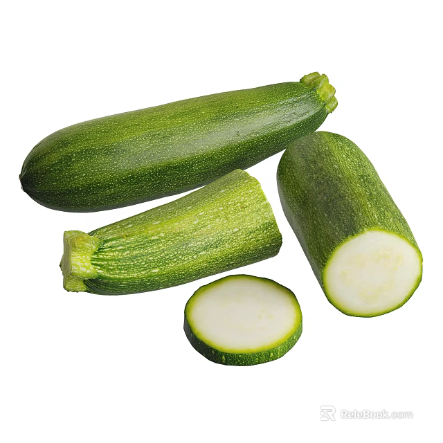 Healthy Fresh Green Zucchini Vegetables Including Whole And Sliced Pieces 3d model 
