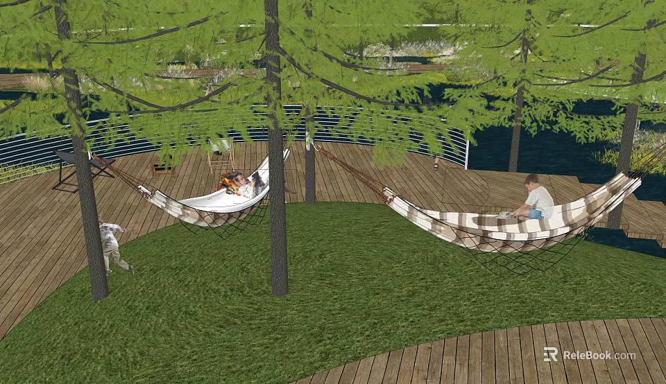 Outdoor Hammock Setup Between Trees With Grass Wooden Deck And People Relaxing 3d model 