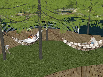Outdoor Hammock Setup Between Trees With Grass Wooden Deck And People Relaxing 3d model