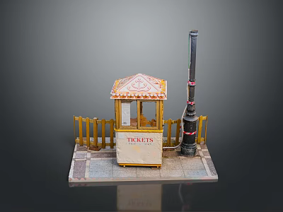 Traditional Ticket Booth With Decorative Roof Wooden Fence Stone Pavement And Tall Pole 3d model