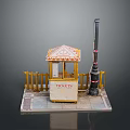 Traditional Ticket Booth With Decorative Roof Wooden Fence Stone Pavement And Tall Pole