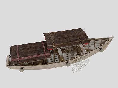 Traditional Wooden Boat With Brown Wooden Roof And Fishing Net Details 3d model