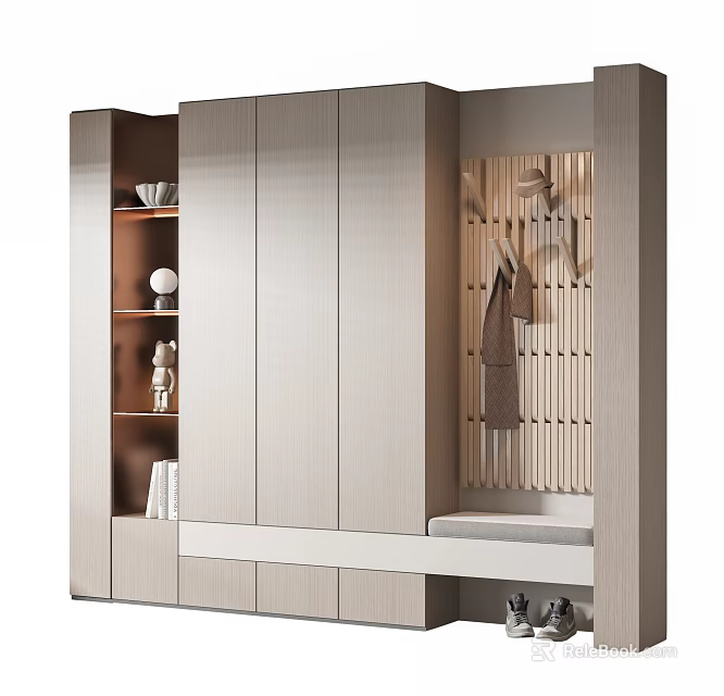 Modern Light Wood Shoe Cabinet Design With Shelves Hanging Hooks And Storage Bench 3d model 