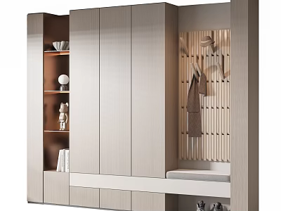 Modern Light Wood Shoe Cabinet Design With Shelves Hanging Hooks And Storage Bench 3d model