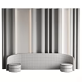 Stylish Curved Sofa With Round Stools And Textured Columns In Beige Curtain Interior