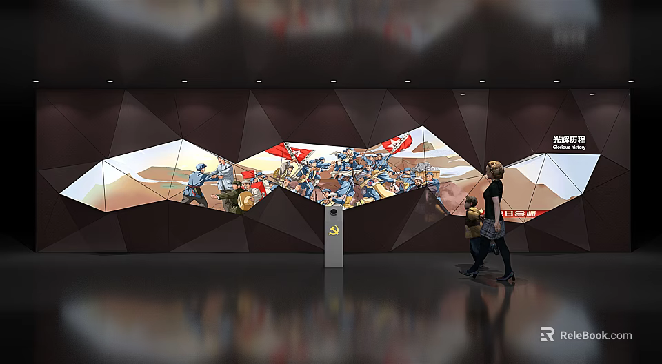 Modern Background Wall With Geometric Patterns And People Walking Nearby 3d model 