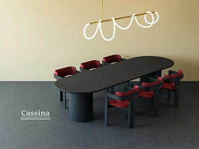 Cassina Modern Black Oval Dining Table Set With Six Red Chairs And Gold Pendant Light 3d model