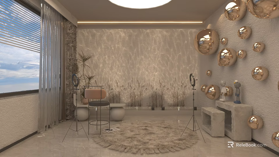 Luxury Minimalist Live Stream Room With Golden Sphere Decorations Marble Wall And Round Rug 3d model 