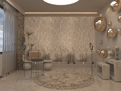 Luxury Minimalist Live Stream Room With Golden Sphere Decorations Marble Wall And Round Rug 3d model