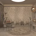 Luxury Minimalist Live Stream Room With Golden Sphere Decorations Marble Wall And Round Rug