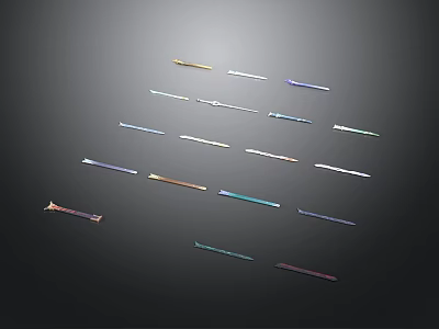 Various Colored Daggers As Weapons Arranged On Black Background In Formation 3d model