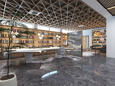 Artistic Library Interior With Bookshelves And Modern Decor 3d model