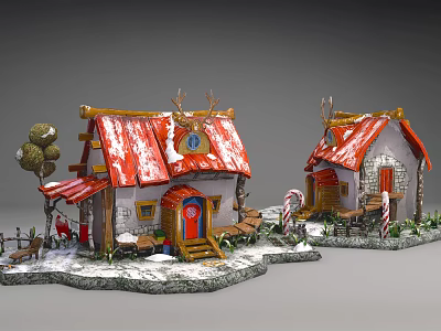 Cartoon Winter Christmas Cottages With Red Snow Covered Roofs And Candy Canes 3d model