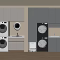 Modern Laundry Room Interior Design With Washing Machines Dryers And Cabinets