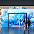 Two People Walking In Modern Exhibition Space With Large Blue Screen And Tech Elements 3d model