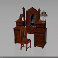 Traditional Chinese Red Vanity Table With Mirror And Carved Details And Matching Chair
