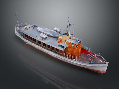 Vintage Wooden Cabin Boat With Silver Deck Orange Lifebuoys And Windows 3d model
