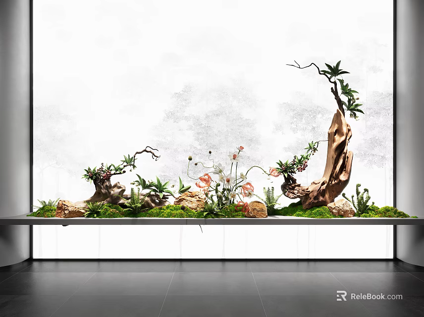 Natural Indoor Landscape Arrangement With Driftwood Plants Moss Stones And Greenery 3d model 