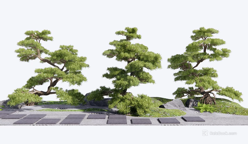 Lush Pine Arbor Display With Green Foliage Rocks And Stone Path 3d model