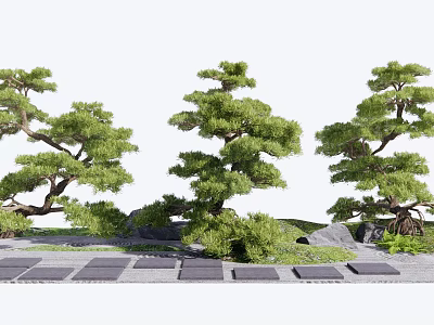 Lush Pine Arbor Display With Green Foliage Rocks And Stone Path 3d model