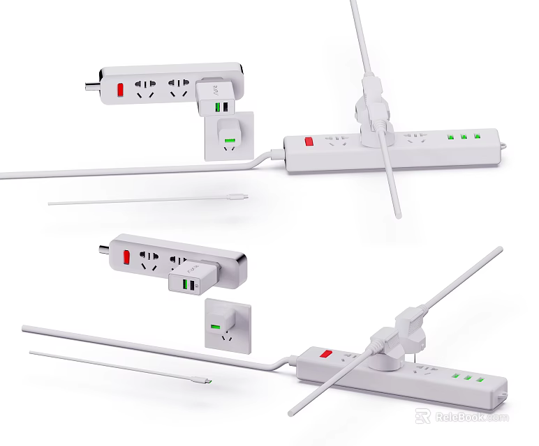 Modern White Electrical Switch Panels With Multiple Sockets USB Ports And Indicator Lights 3d model 