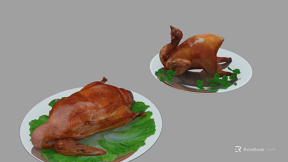 Delicious Two Roast Ducks Served on Plates with Fresh Green Leaves 3d model 