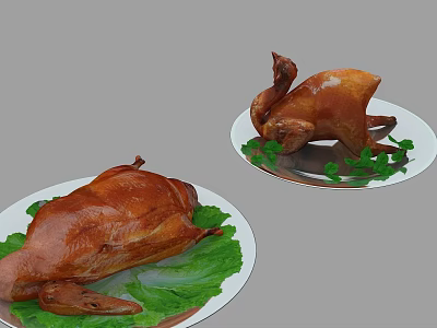 Delicious Two Roast Ducks Served on Plates with Fresh Green Leaves 3d model