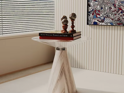 Modern Side Table With Transparent Top Marble Base Books Decorative Globes Blinds And Abstract Painting 3d model