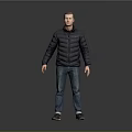 Man Full Body Standing in Gray Background Wearing Black Puffer Jacket and Blue Jeans