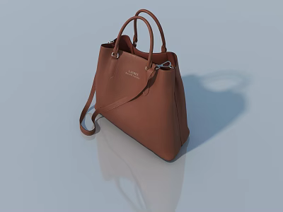 Brown Leather Handbag With Dual Handles And Detachable Shoulder Strap On Reflective Surface 3d model