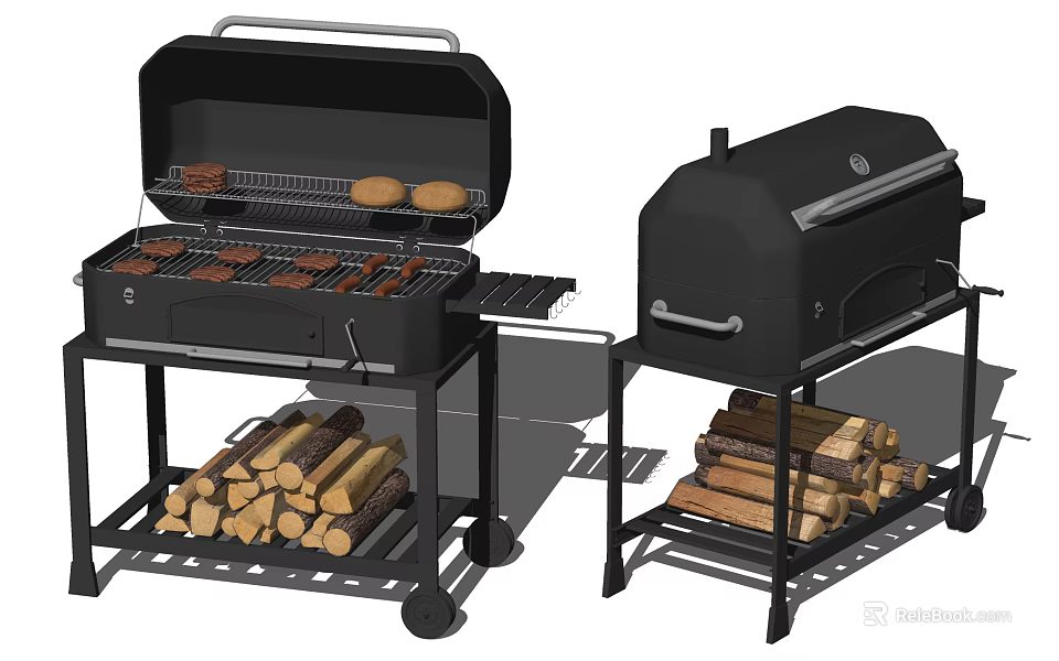 Outdoor Black Grills With Firewood Storage And Cooking Food On Racks 3d model 