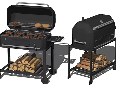 Outdoor Black Grills With Firewood Storage And Cooking Food On Racks 3d model