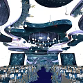 Elegant Banquet Hall With Starry Ceiling Blue Gold Decor And Hanging Lights
