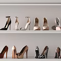 Stylish Women's High Heel Shoes in Black Beige and Leopard Print on Display Shelves