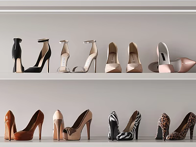 Stylish Women's High Heel Shoes in Black Beige and Leopard Print on Display Shelves 3d model